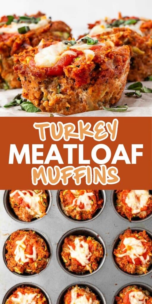 Close-up of turkey meatloaf muffins topped with melted cheese and herbs. Text in the middle reads Turkey Meatloaf Muffins. Below, a baking tray filled with more of these muffins.
