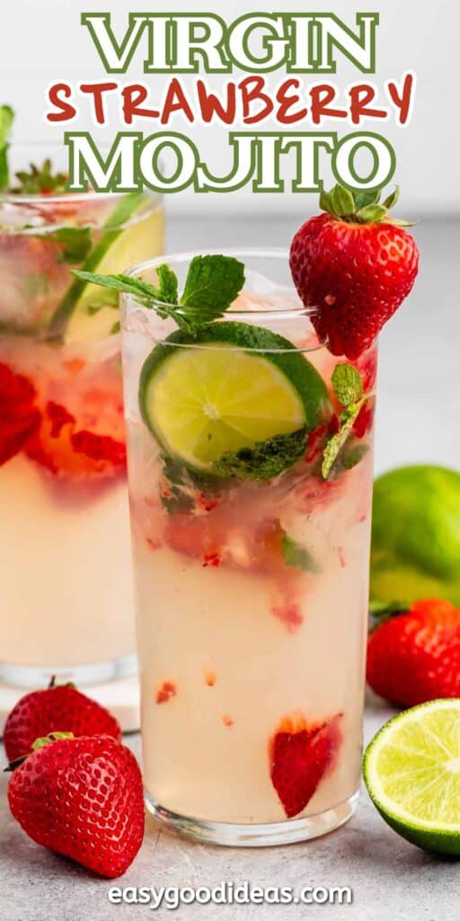 A refreshing virgin strawberry mojito garnished with fresh strawberries, lime slices, and mint leaves in a glass. The background includes whole strawberries and a lime. Text on the image says Virgin Strawberry Mojito.