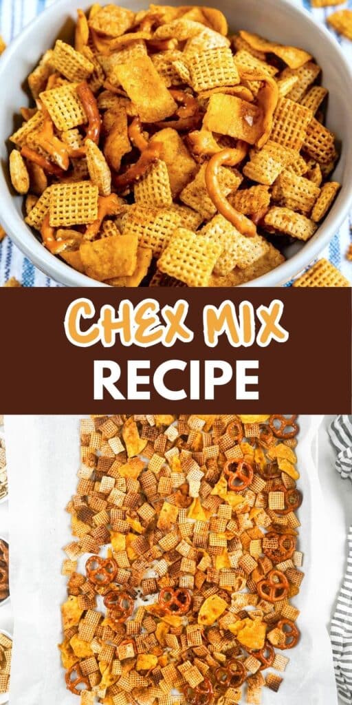 A bowl of Chex Mix with pretzels and crackers, featuring a text overlay that reads Chex Mix Recipe. Below, the mix is spread out on parchment paper.