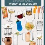 A poster titled Mocktail Essential Glassware showcases various glass types, including highball, champagne flute, martini, margarita, and mason jar, each filled with colorful mocktails and garnishes. The background is teal with a white border.