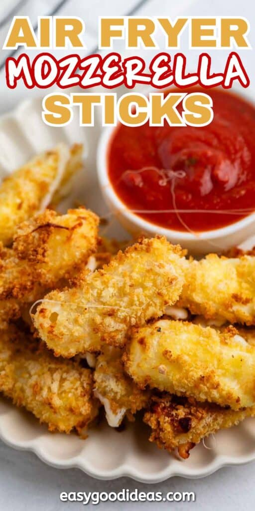 Plate of golden-brown air fryer mozzarella sticks with a dish of marinara sauce on the side. Text at the top says Air Fryer Mozzarella Sticks, and a website URL is at the bottom.