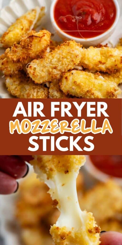 Golden brown mozzarella sticks with cheese pull in the middle, served with a red dipping sauce. Text overlay reads, Air Fryer Mozzarella Sticks.