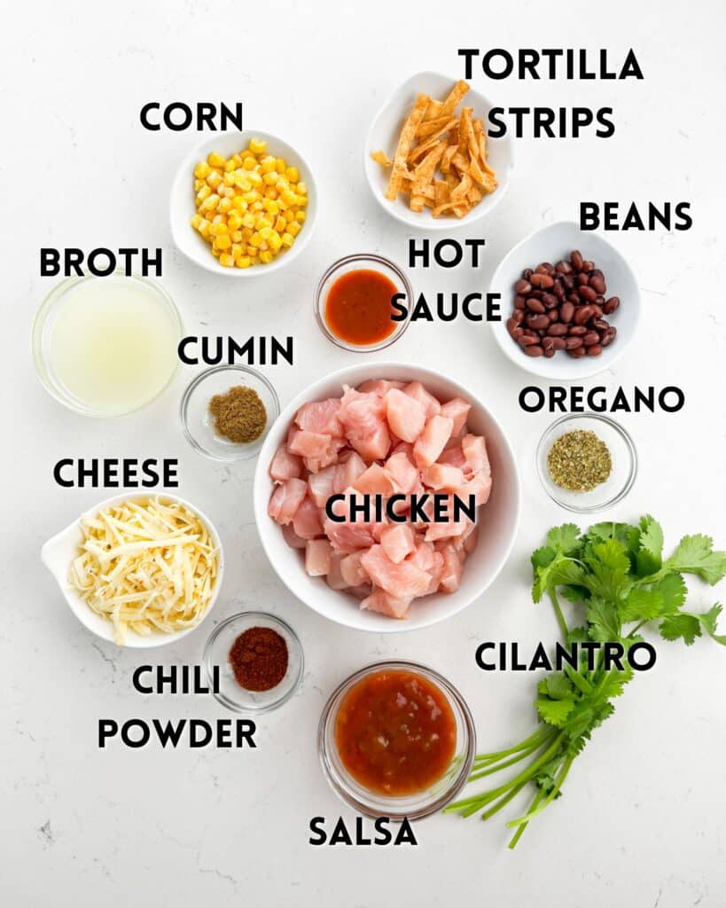 Ingredients for a dish are arranged on a white surface, including chopped chicken, shredded cheese, corn, beans, tortilla strips, salsa, hot sauce, broth, cilantro, cumin, chili powder, and oregano. Each item is labeled.