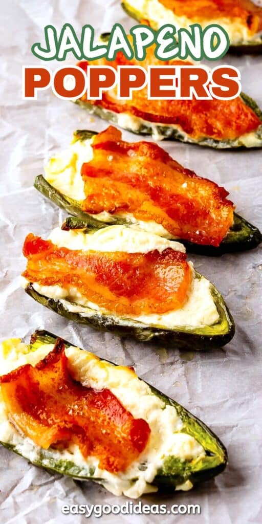 jalapeños covered in cream cheese and bacon laid out on parchment paper with words on the image reading the name of the recipe.