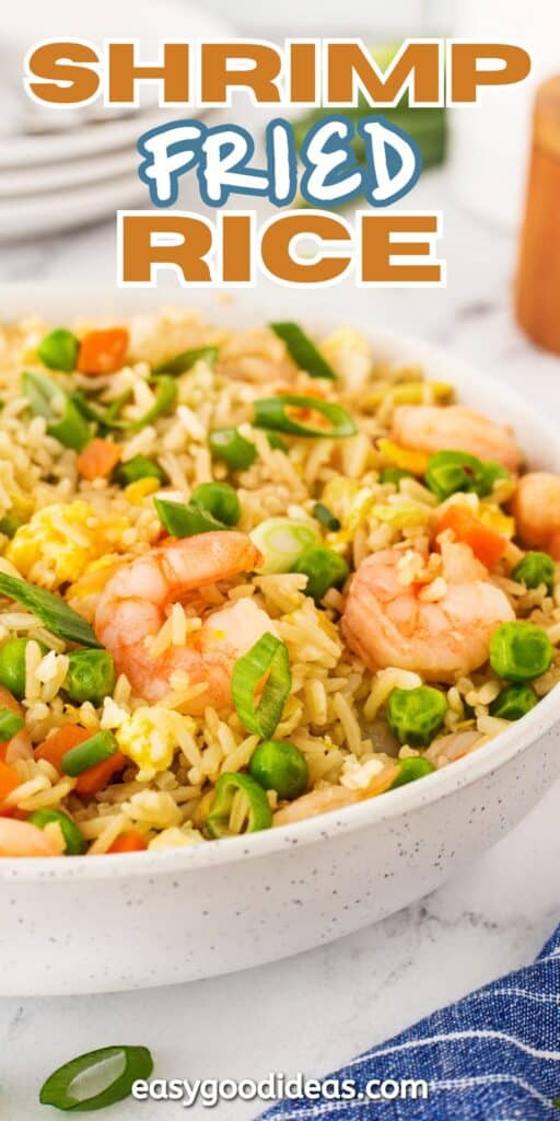 A bowl of shrimp fried rice garnished with green onions and peas. The dish looks colorful with carrots and shrimp mixed with rice. Text above reads SHRIMP FRIED RICE and the bottom text shows a website URL: easygoodideas.com. Plates are blurred in the background.