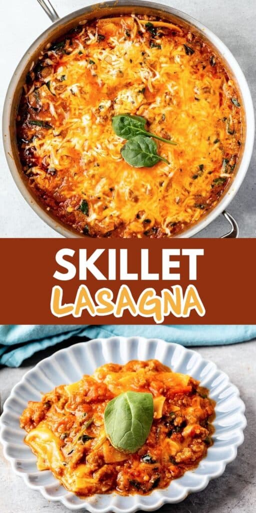 two photos of skillet lasagna on a grey plate with some green garnish on top and with more lasagna in the background and with words on the image reading the name of the recipe.