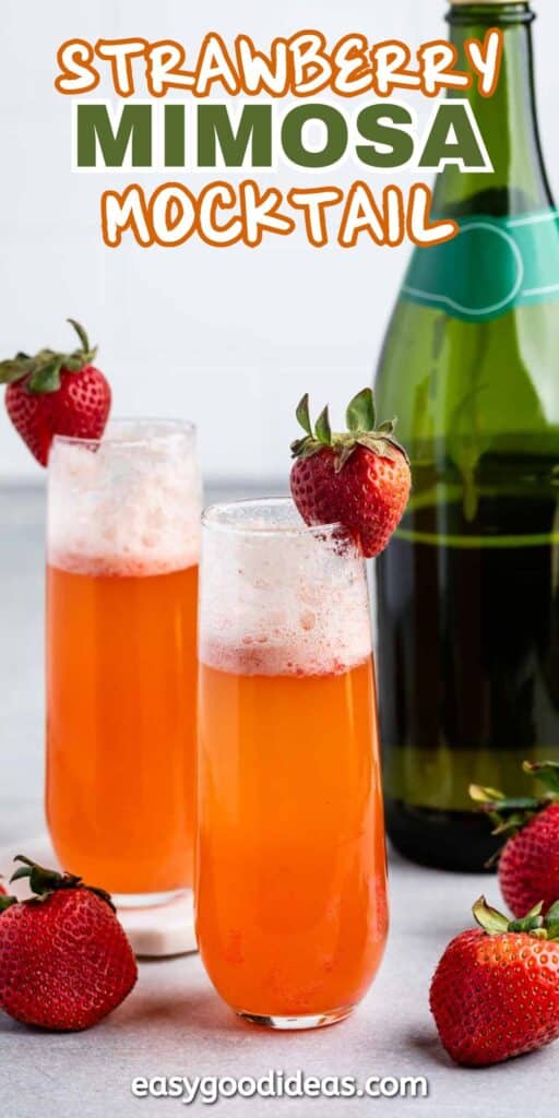 Two glasses of strawberry mocktail garnished with strawberries. A bottle in the background. Text reads Strawberry Mimosa Mocktail. A few strawberries are scattered on the surface, and the website name is displayed at the bottom.