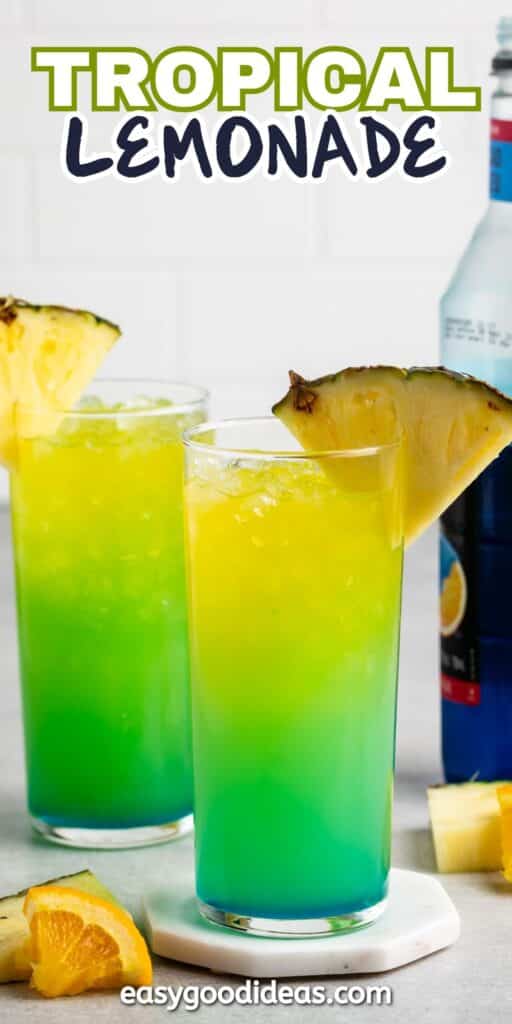 yellow and green drink with a pineapple slice on the rim with the words on the recipe on the image.