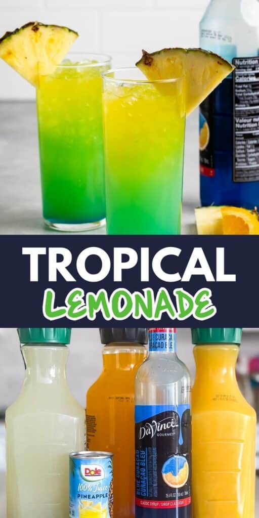 two photos of yellow and green drink with a pineapple slice on the rim and the ingredients in the drink with the words of the recipe in the center of the pictures.