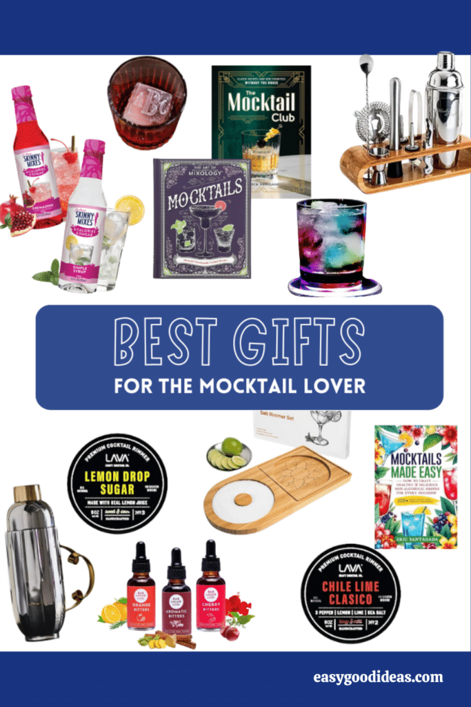 A collage showing bottles, mocktail recipe books, cocktail tools, mixers, garnishes, and a glass with a colorful drink, with the text “Best Gifts for the Mocktail Lover” in the center.