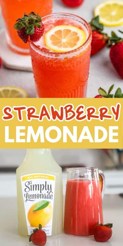 A glass of strawberry lemonade with a lemon slice and strawberry garnish, placed next to fresh strawberries. Below, a Simply Lemonade bottle and a pitcher filled with the drink are on a table, surrounded by strawberries. Text reads STRAWBERRY LEMONADE.