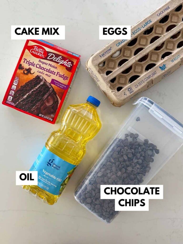 A box of triple chocolate fudge cake mix, a carton of eggs, a bottle of vegetable oil, and a container of chocolate chips on a white surface, each labeled with text.