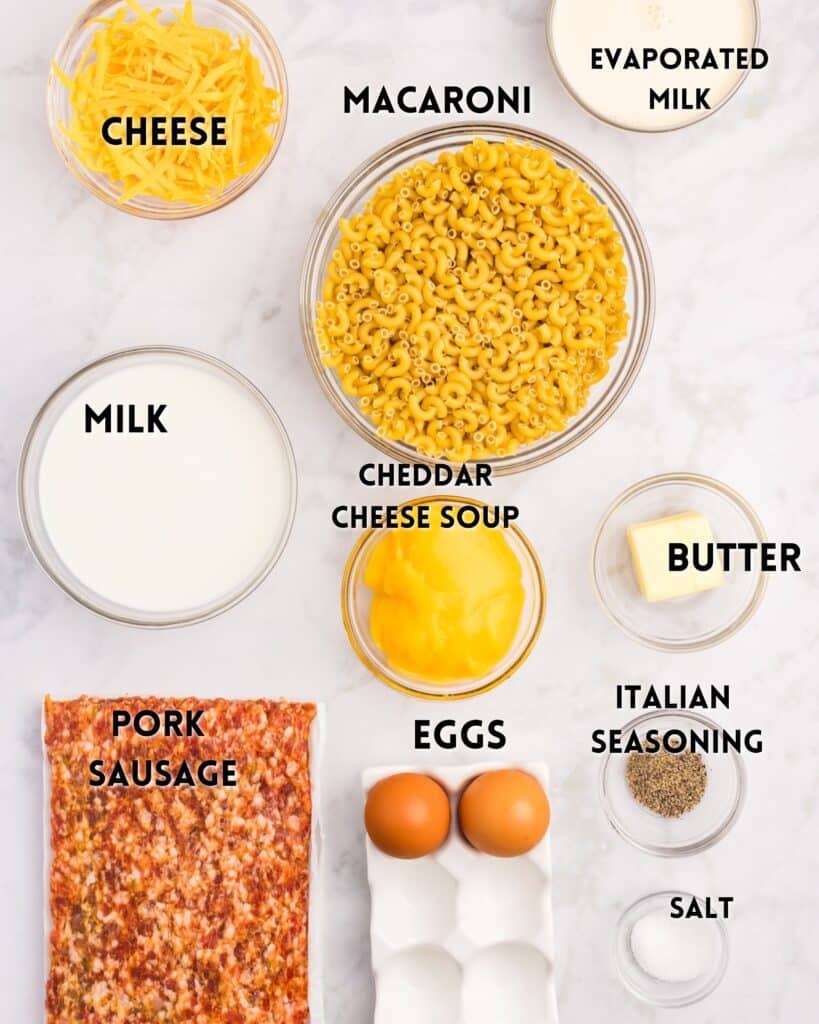Bowls and containers with ingredients for macaroni and cheese are arranged on a white surface, labeled: cheese, macaroni, evaporated milk, milk, cheddar cheese soup, eggs, butter, Italian seasoning, salt, and pork sausage.