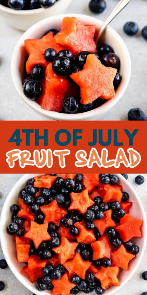 A bowl of fruit salad with star-shaped watermelon pieces and blueberries. Bold text reads 4th of July Fruit Salad between two images of the patriotic fruit salad.