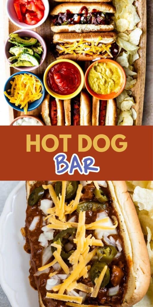 A wooden platter with hot dogs, potato chips, and bowls of toppings like lettuce, tomatoes, cheese, ketchup, and mustard. Text reads Hot Dog Bar. Close-up of a chili dog with onions, jalapeños, and cheese.