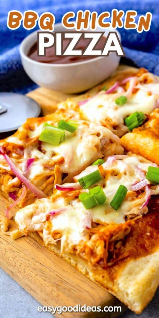 Rectangular slices of BBQ chicken pizza topped with melted cheese, red onions, and chopped green onions on a wooden board, with a bowl of BBQ sauce in the background.