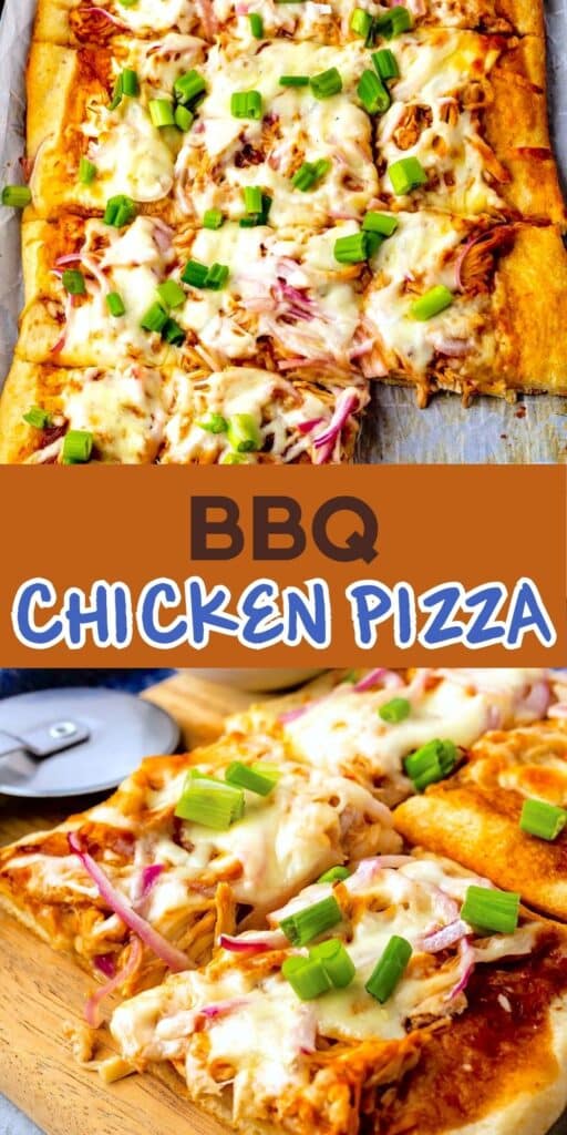 Rectangular BBQ chicken pizza topped with melted cheese, green onions, and red onions on a baking sheet. A pizza cutter is beside a few sliced pieces on a wooden board. Text reads BBQ Chicken Pizza.