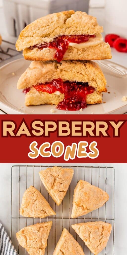 A plate with two raspberry scones, one cut open revealing raspberry jam and butter inside, and six plain scones cooling on a wire rack below. The text Raspberry Scones appears between the images.