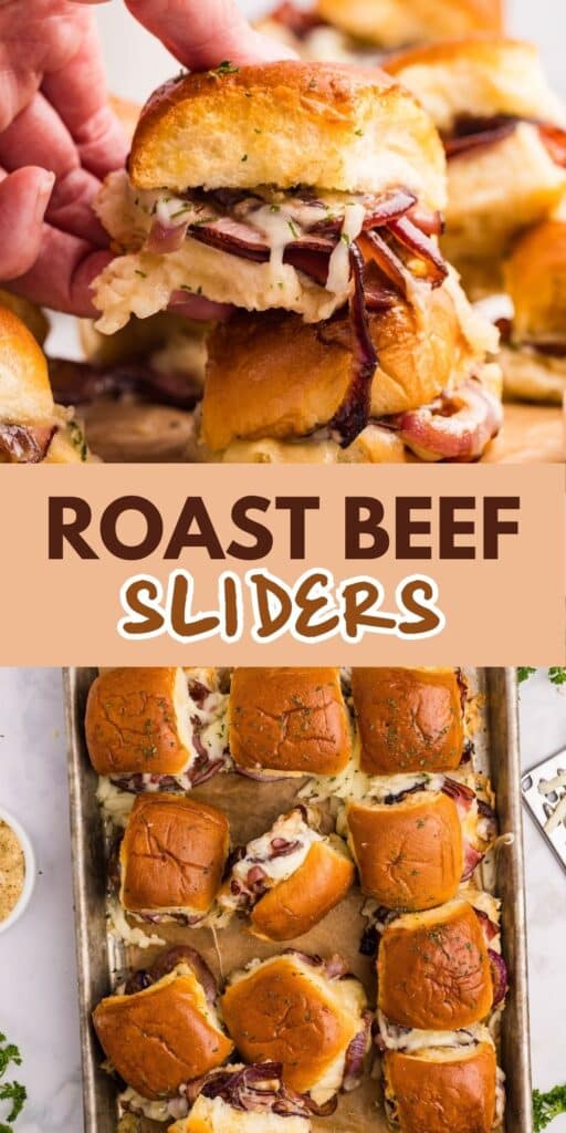 A hand holds a roast beef slider with melted cheese and onions. Below, a tray of baked sliders with golden tops and visible roast beef and cheese is shown. Text reads: Roast Beef Sliders.