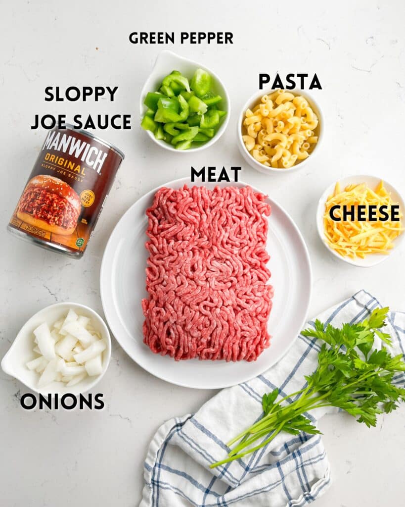 Overhead view of ingredients for a sloppy joe pasta dish: ground meat on a plate, bowls of chopped onions, green pepper, shredded cheese, dry pasta, a can of sloppy joe sauce, and fresh parsley on a white background.