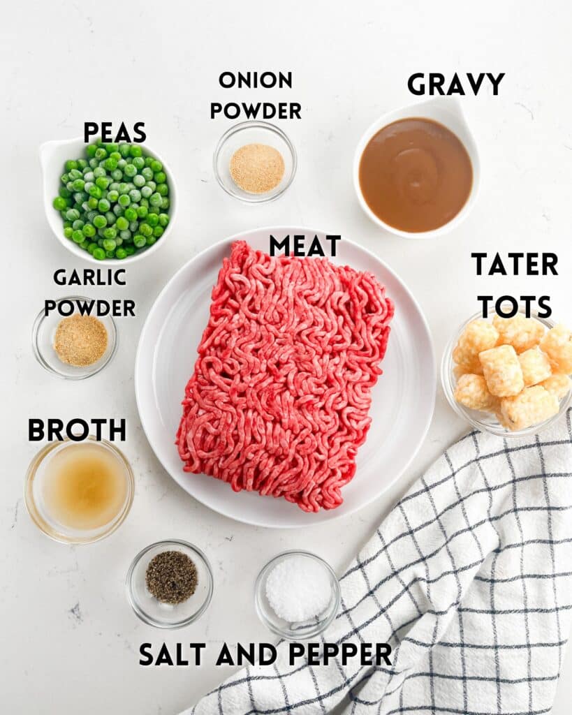 A plate of raw ground meat surrounded by bowls labeled peas, garlic powder, broth, onion powder, salt and pepper, gravy, and tater tots on a light surface with a striped towel nearby.