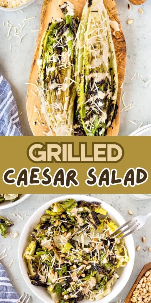 Overhead view of grilled romaine lettuce topped with Caesar dressing and shredded parmesan, displayed on a wooden board and in a bowl, with “Grilled Caesar Salad” text in the center and scattered pine nuts around.