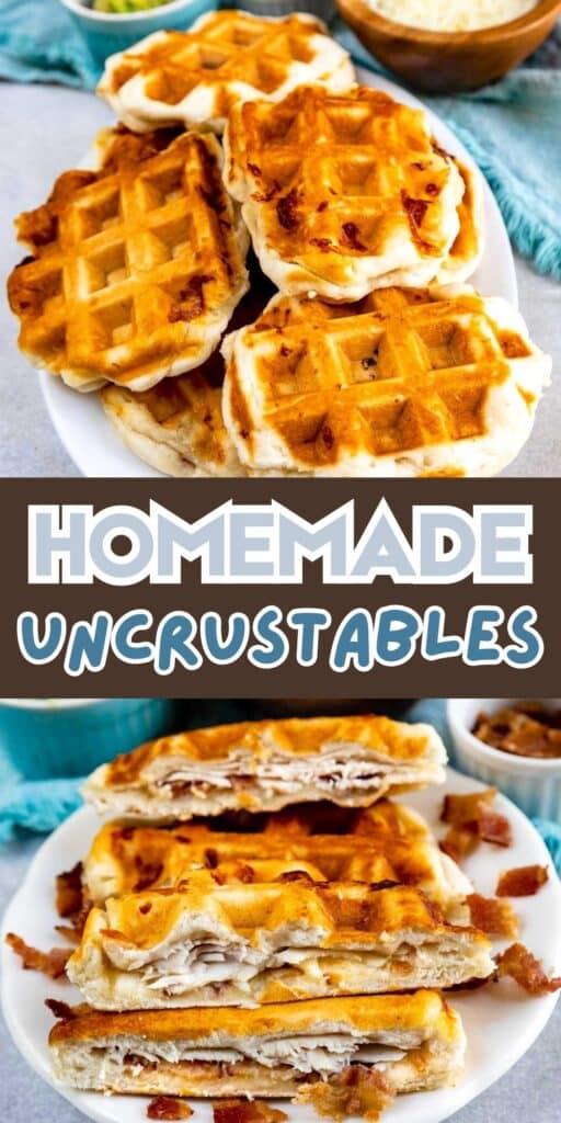 A plate of golden, waffle-shaped homemade Uncrustables is shown, with some cut open to reveal layers of turkey, bacon, and cheese inside; the text reads Homemade Uncrustables.