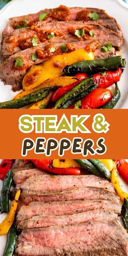 Sliced steak served with roasted yellow and red peppers and green vegetables, garnished with herbs. Bold text in the center reads “Steak & Peppers” over an orange background.