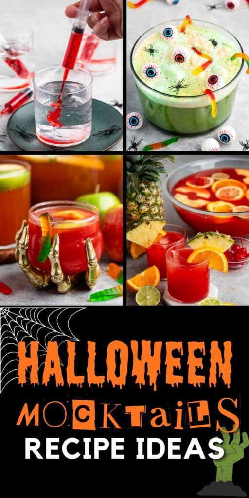 Four spooky halloween mocktails: one with gummy worms and a syringe, one with floating eyeball candies and plastic spiders, one in a clawed goblet with lime, and another with orange slices and pineapple. Try these halloween mocktails recipe ideas!.