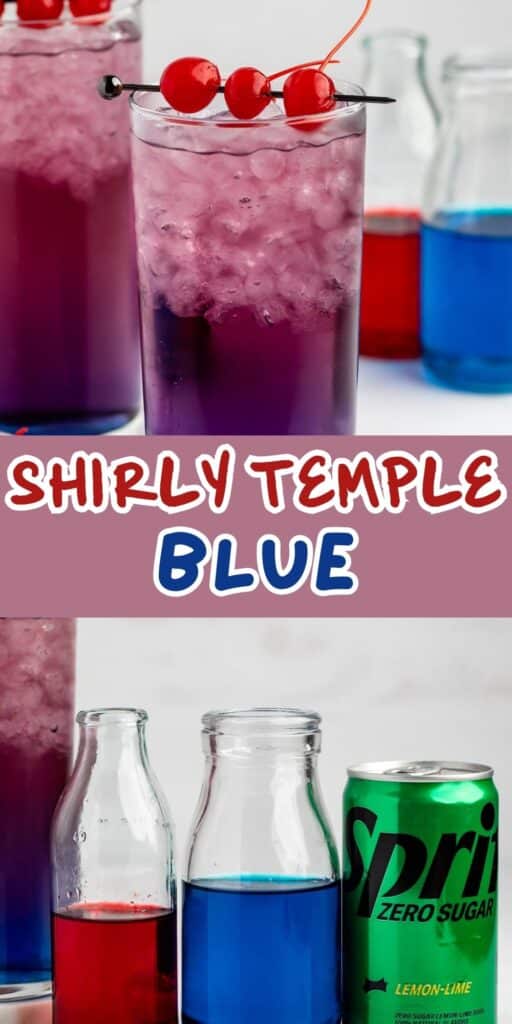 Two glasses of a purple and blue drink with ice, garnished with cherries. Behind are bottles with red and blue liquid, and a can of Sprite Zero Sugar. Text: Shirly Temple Blue.