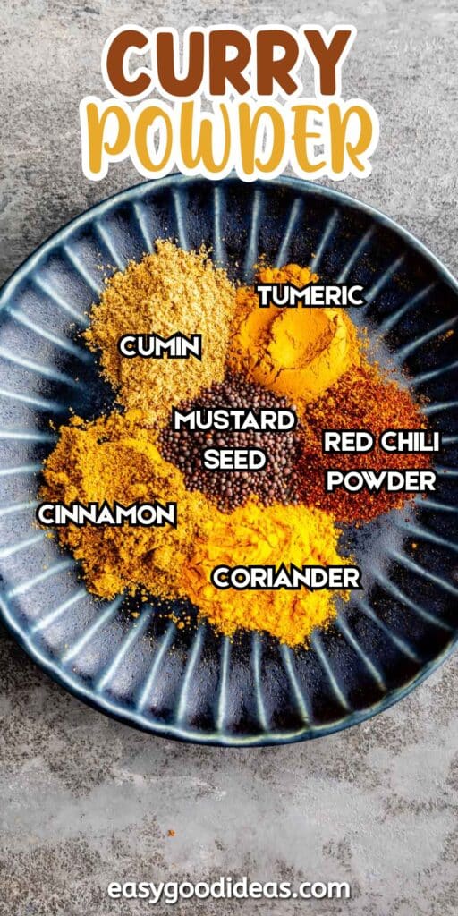 A blue-rimmed plate displays labeled curry powder ingredients: cumin, turmeric, mustard seed, red chili powder, cinnamon, and coriander. The text CURRY POWDER and easygoodideas.com appear on the image.