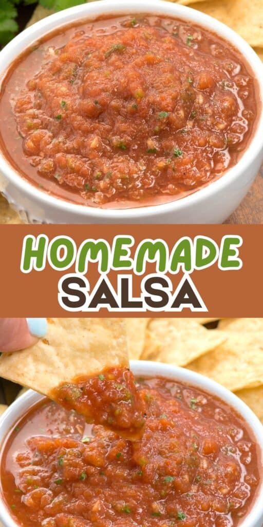 A bowl of chunky homemade salsa with visible herbs, served with tortilla chips. The image includes text reading Homemade Salsa and shows a chip being dipped into the salsa.