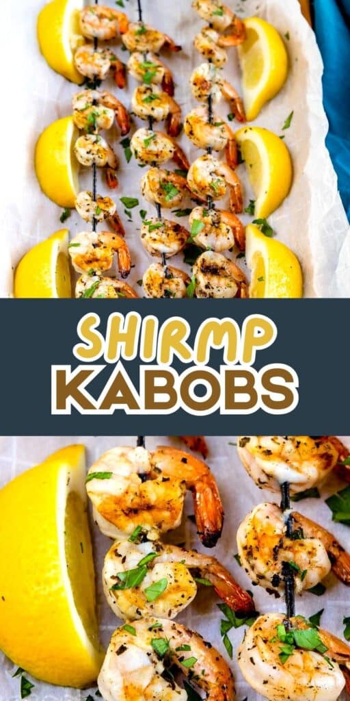 Skewered grilled shrimp kabobs garnished with herbs, served on parchment paper with lemon wedges. Text in the center reads Shrimp Kabobs in bold, white and yellow letters.
