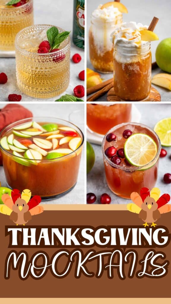 Four festive, colorful mocktails garnished with fruits and herbs are shown above a banner that reads Thanksgiving Mocktails, decorated with cartoon turkeys and autumn leaves.