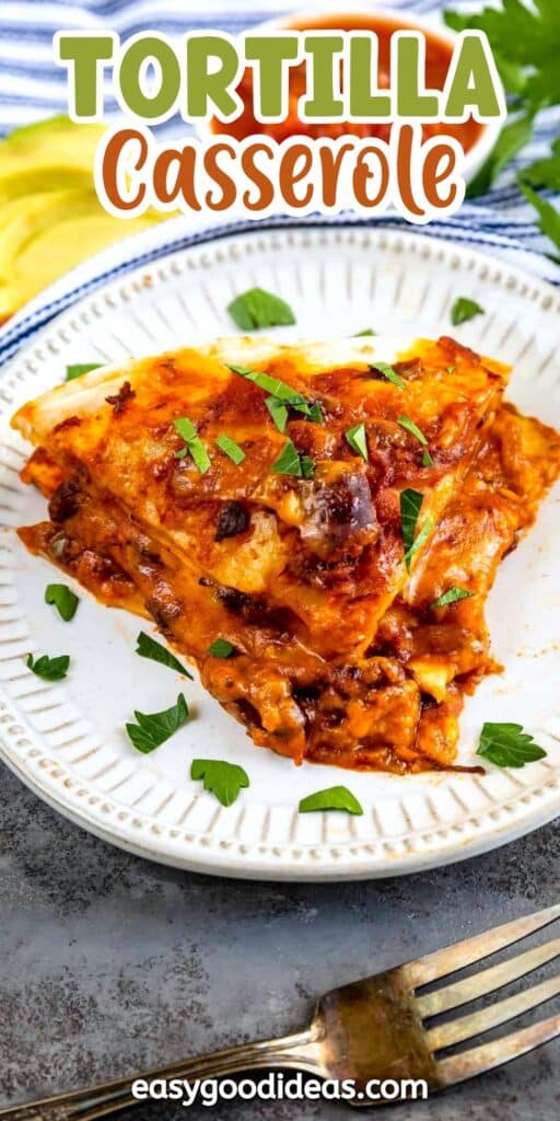 A serving of tortilla casserole topped with chopped parsley is on a white plate. The casserole is layered, baked, and covered in sauce. A fork rests beside the plate, and the text Tortilla Casserole appears at the top.