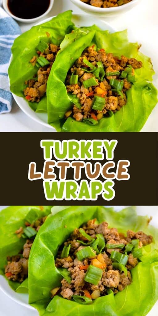 Close-up of turkey lettuce wraps filled with seasoned ground turkey, diced carrots, green onions, and herbs on fresh green lettuce leaves, served on a white plate with a sauce bowl in the background.