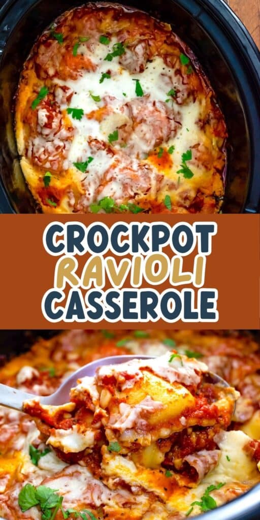 A crockpot filled with baked ravioli casserole topped with melted cheese and herbs, with a close-up of a spoon serving a cheesy portion. Text reads Crockpot Ravioli Casserole.