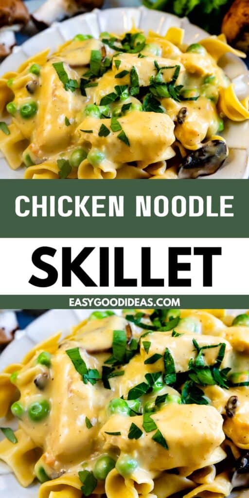 Close-up of creamy chicken noodle skillet with egg noodles, chicken chunks, peas, mushrooms, and fresh parsley on top, served on a white plate. Text overlay reads “Chicken Noodle Skillet” and “easygoodideas.com.”.