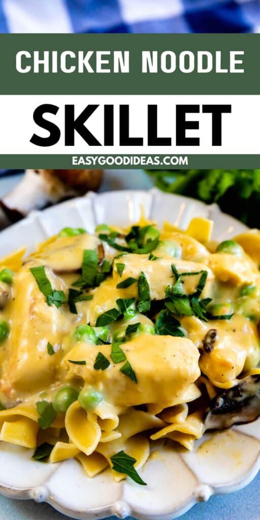 A plate of chicken noodle skillet with wide egg noodles, chicken pieces, peas, mushrooms, and a creamy sauce, garnished with chopped parsley.