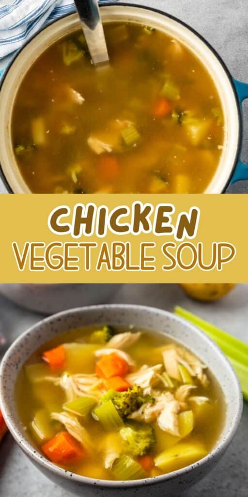 Top: A pot of chicken vegetable soup with a ladle, showing chunks of carrots, celery, and broccoli. Bottom: A bowl of the same soup with visible vegetables and shredded chicken. Text reads Chicken Vegetable Soup.