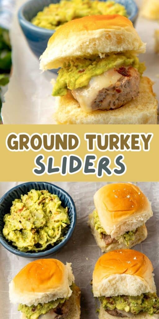 Ground turkey sliders topped with melted cheese and guacamole on soft buns, served alongside a bowl of guacamole. The text GROUND TURKEY SLIDERS is displayed between two images of the sliders.