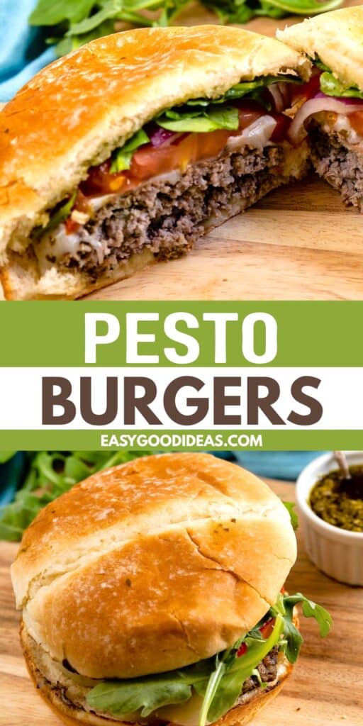 A juicy burger with lettuce, tomato, onion, and cheese, sliced in half to show the inside. The text PESTO BURGERS and EASYGOODIDEAS.COM appears between two images of the burger on a wooden board.