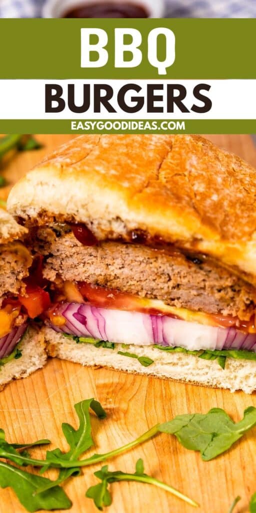 A close-up of a BBQ burger sliced in half, showing layers of beef patty, red onion, tomato, lettuce, and sauce inside a toasted bun, with arugula on a wooden surface. Text at the top reads “BBQ Burgers.”.