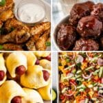 A collage of four dishes: grilled chicken wings with dip, saucy meatballs, pigs in a blanket, and loaded nachos topped with vegetables and cheese—party foods that can also be dinner.