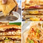 A collage of four close-up images showcases sandwich dinners: a dipped beef sandwich, a stack of grilled cheese, a chicken and bacon sandwich, and wraps filled with lettuce, shredded carrots, and chicken.