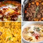 A collage of four comfort food dishes: cheesy lasagna, pot roast with carrots and potatoes, creamy macaroni and cheese, and a bowl of tortellini soup with vegetables and cheese.